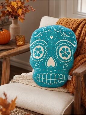 Turquoise Sugar Skull Decorative Pillow